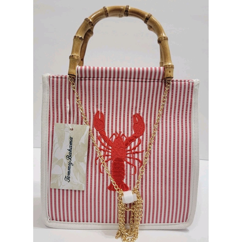 Tommy Bahama Red White Striped Lobster Crossbody Tote Bag Wood Handle Gold Chain